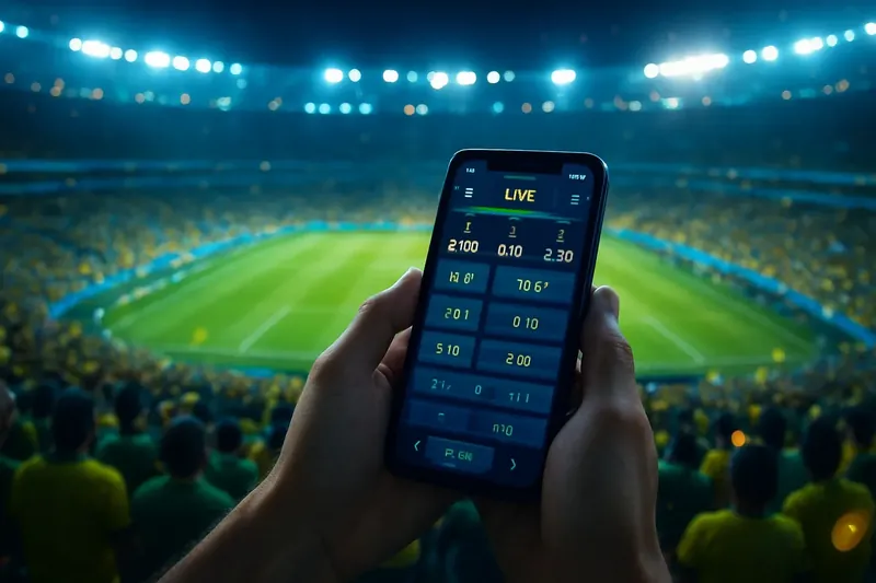 Apostas Esportivas Brasil Estádio do Maracanã lotado à noite com torcedores em verde e amarelo e celular exibindo odds ao vivo