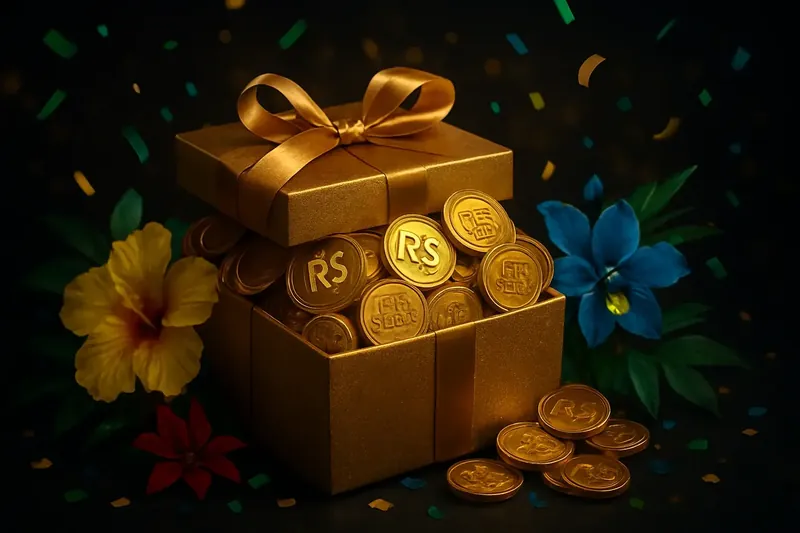 Bônus Cassino Brasileiro Caixa de presente dourada com moedas de real, fichas de giros grátis e confete de carnaval em clima festivo