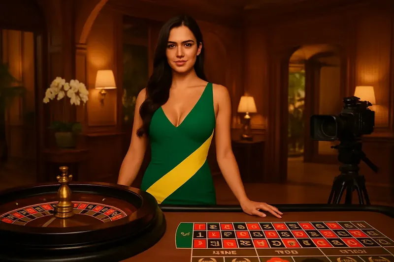 Estúdio de casino ao vivo com crupiê brasileira elegante na mesa de roleta