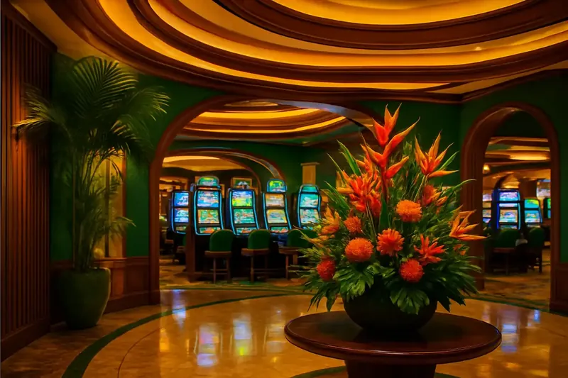 Lobby Cassino Brasileiro Lobby de cassino brasileiro elegante com decoração tropical e telas de jogos iluminadas