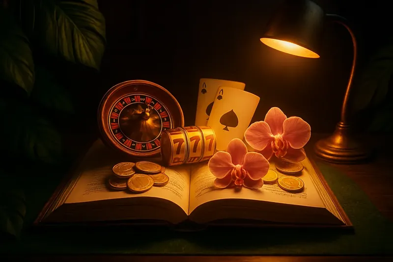 Guia Cassino Brasileiro Livro aberto mágico com roleta, caça-níqueis, cartas de blackjack e moedas de Real