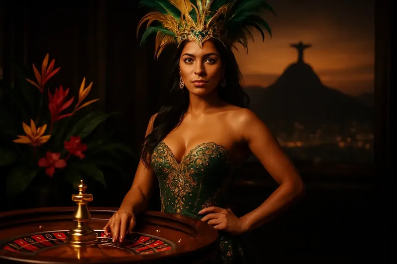 Cassino Online Premium Mulher brasileira confiante em vestido elegante verde e dourado ao lado de roleta em cassino de luxo com flores tropicais e skyline do Rio de Janeiro ao fundo