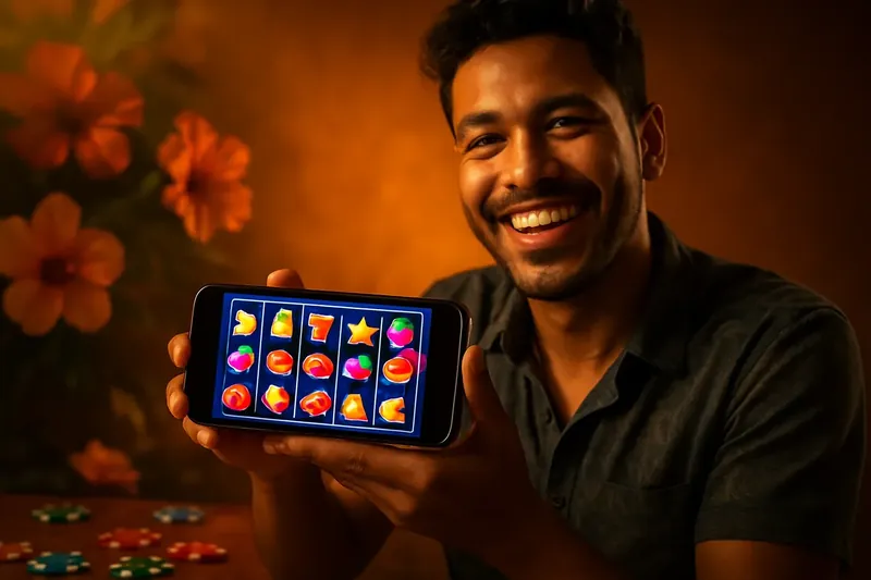 Jogador de Cassino Online Jogador brasileiro de cassino segurando smartphone com slot colorido e fichas espalhadas