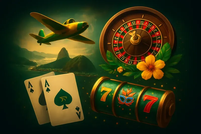 Colagem digital de jogos de cassino brasileiros com roleta, cartas, caça-níqueis e avião sobre Rio